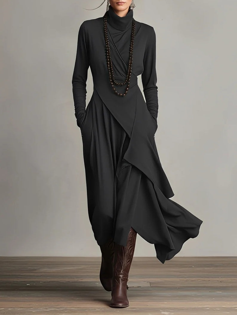 Turtleneck Long Sleeve Draped Asymmetric Maxi Dress 4