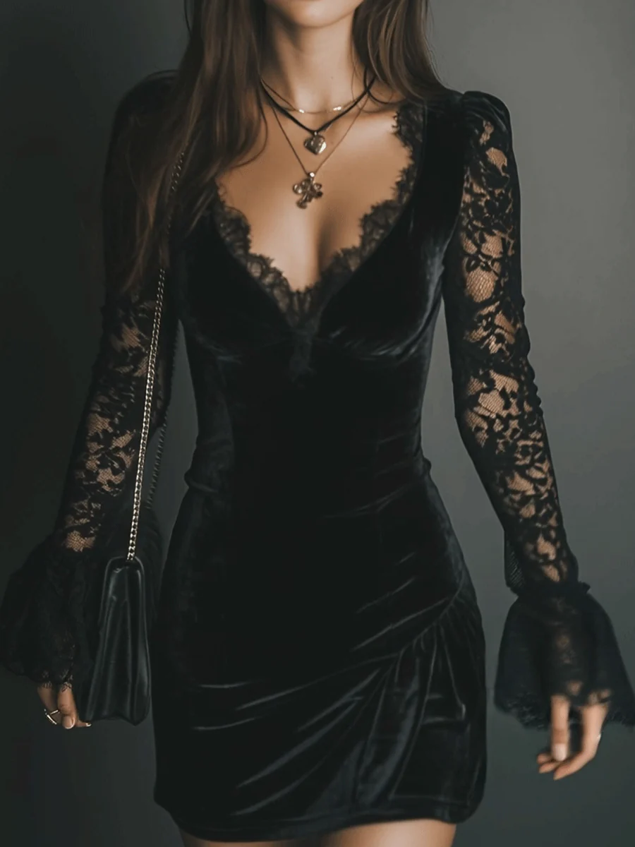 Lace Trim Deep V-Neck Flare Sleeve Velvet Mini Dress 4