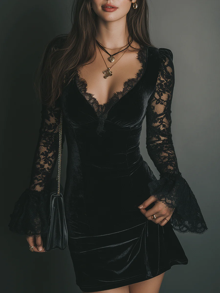 Lace Trim Deep V-Neck Flare Sleeve Velvet Mini Dress