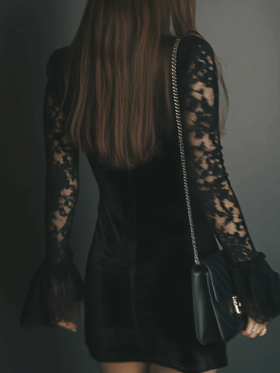Lace Trim Deep V-Neck Flare Sleeve Velvet Mini Dress 3