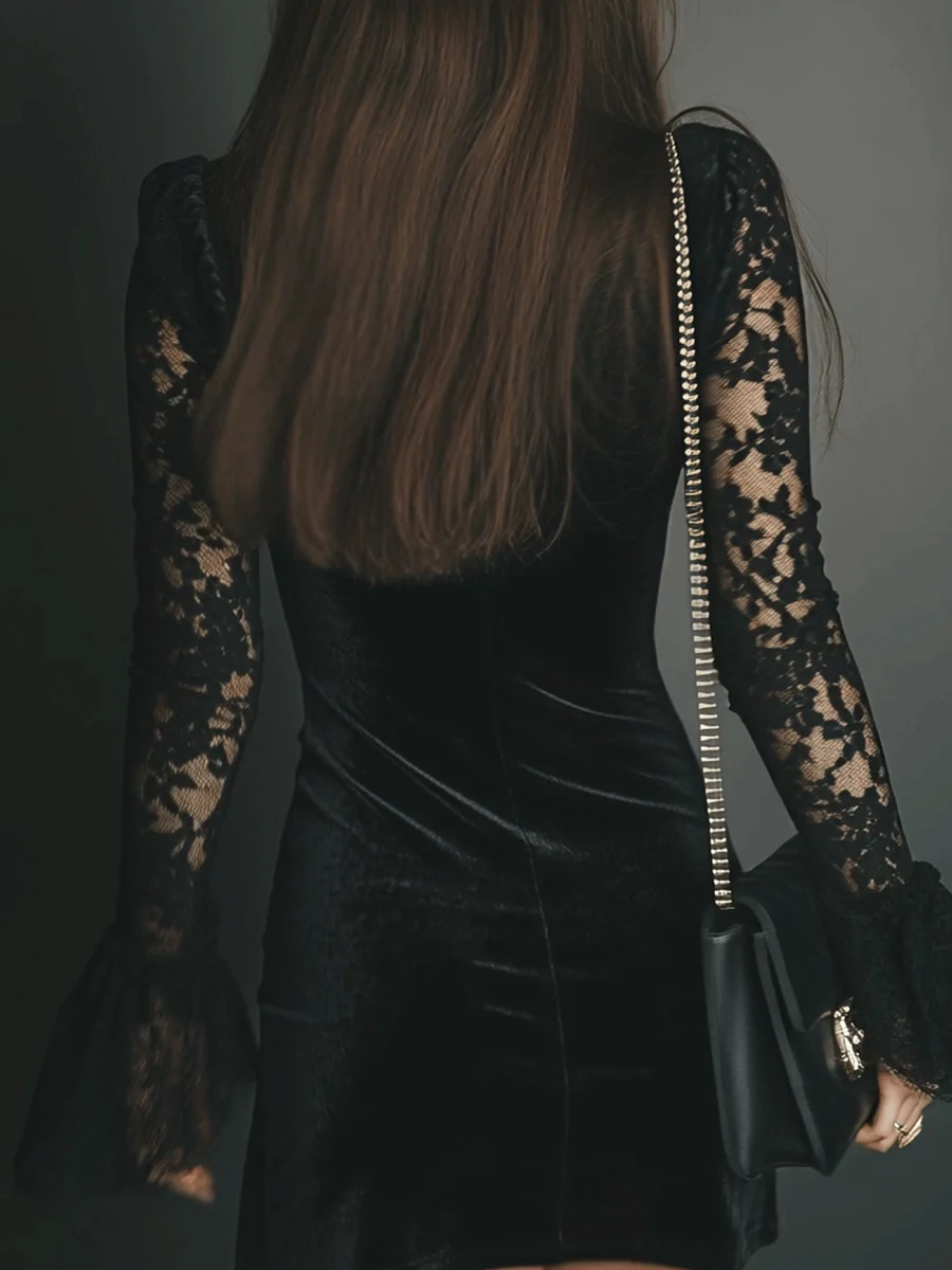 Lace Trim Deep V-Neck Flare Sleeve Velvet Mini Dress 6