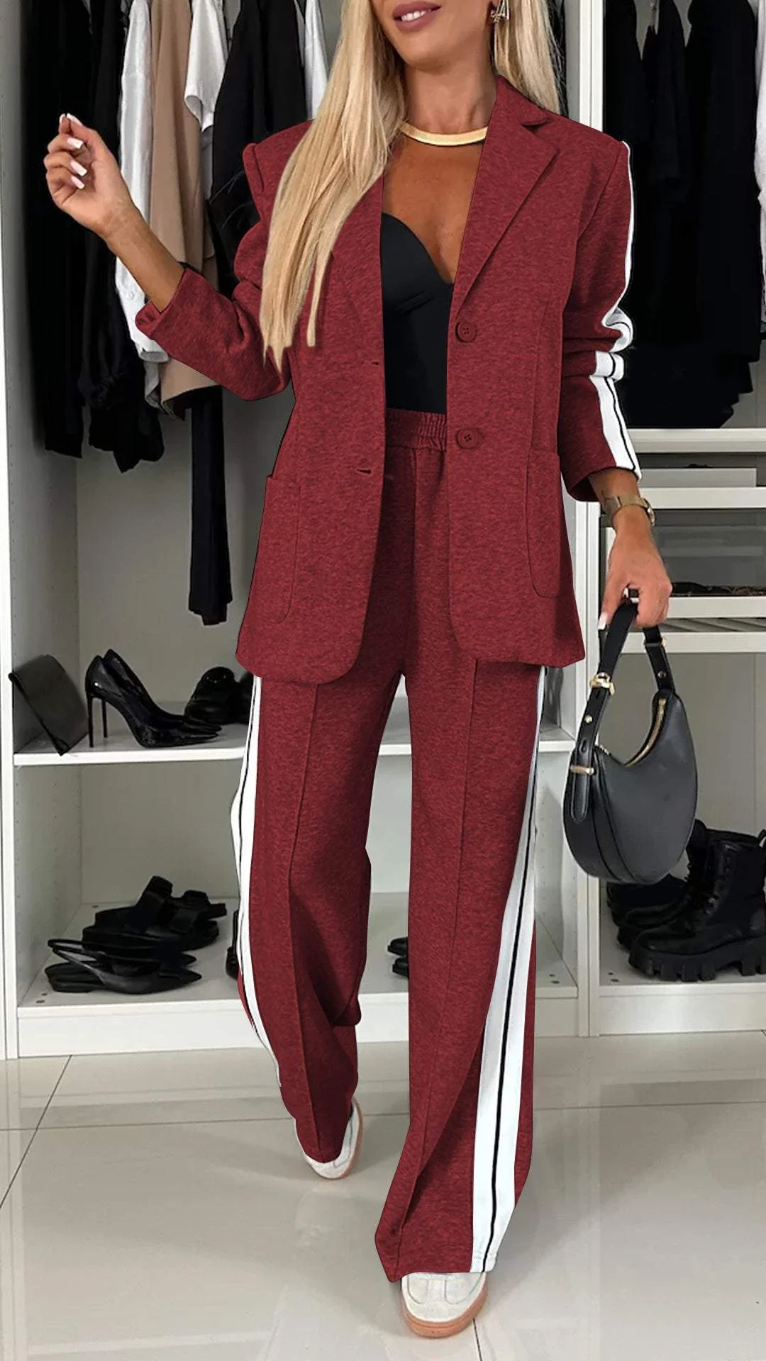 Side Stripe Blazer and Wide Leg Pants Two Piece Set 12