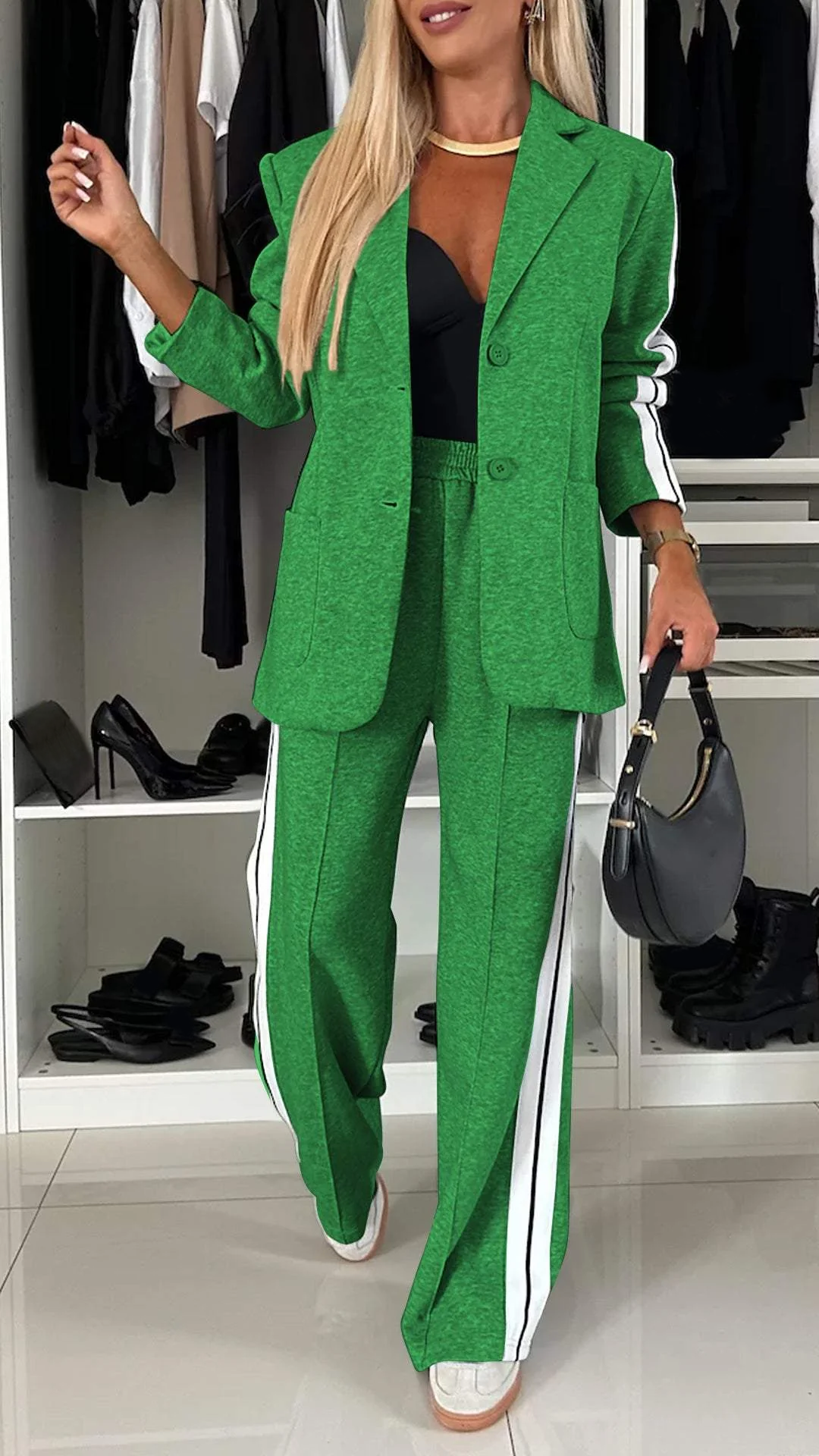 Side Stripe Blazer and Wide Leg Pants Two Piece Set 10