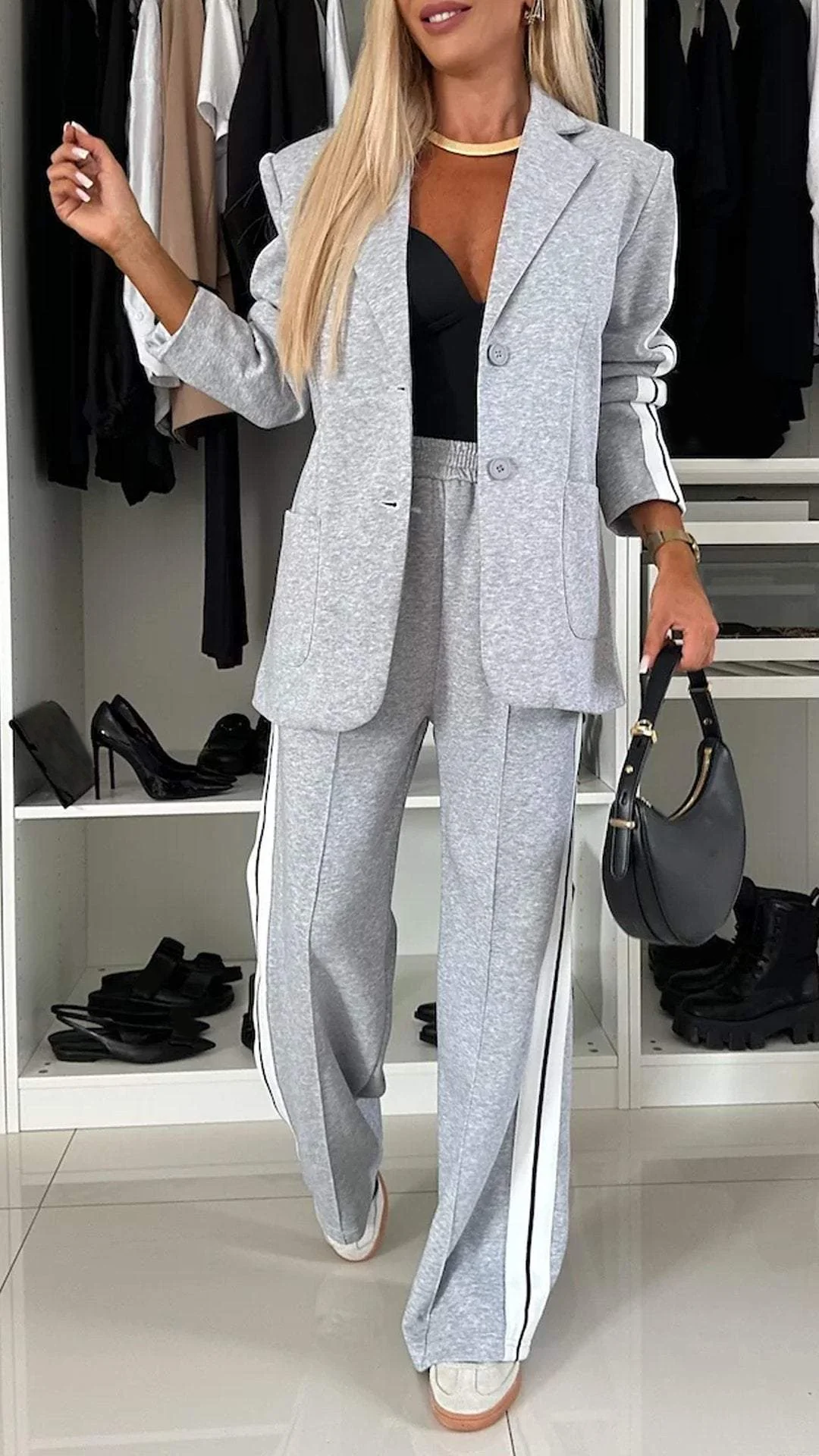 Side Stripe Blazer and Wide Leg Pants Two Piece Set