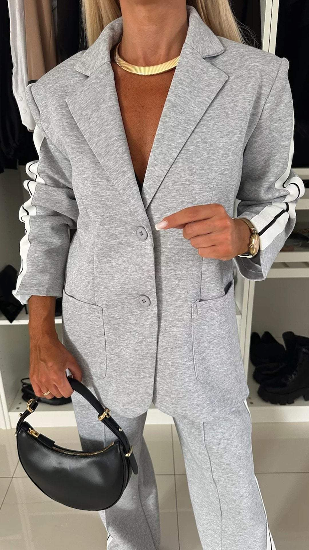 Side Stripe Blazer and Wide Leg Pants Two Piece Set 3