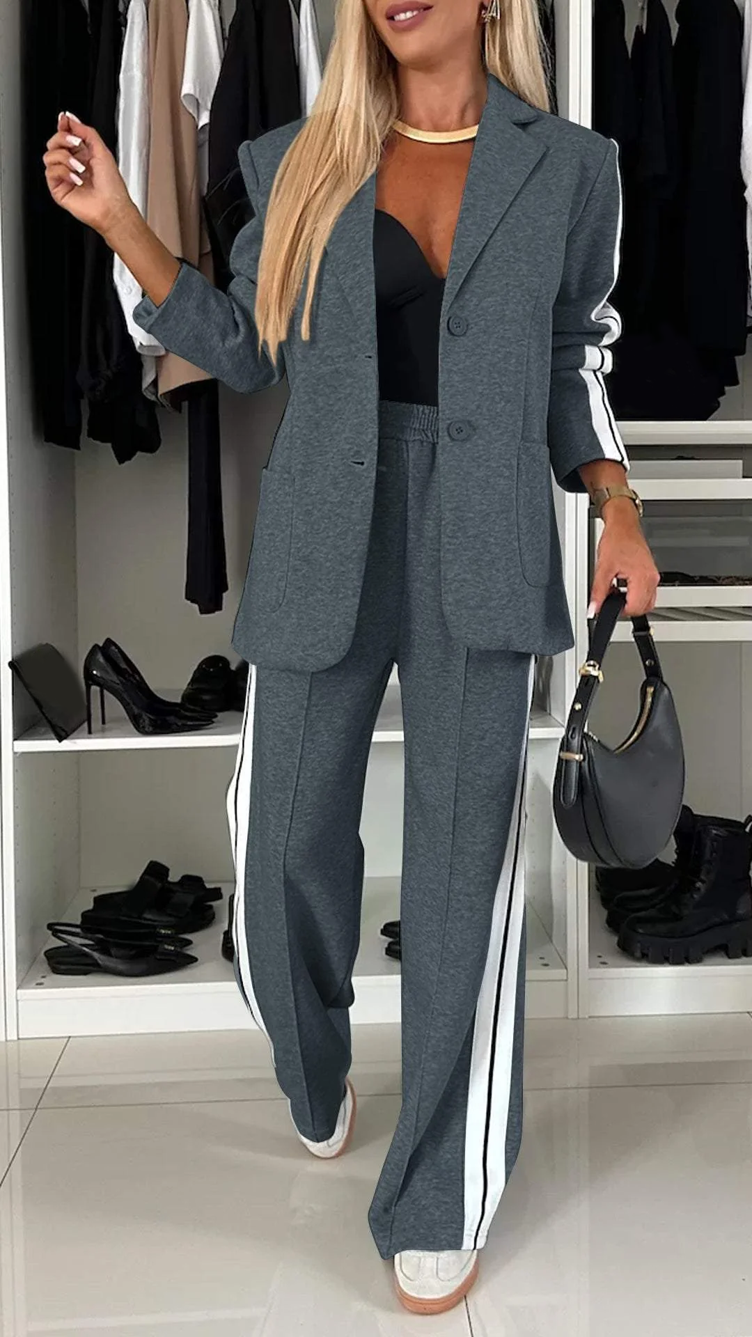 Side Stripe Blazer and Wide Leg Pants Two Piece Set 6