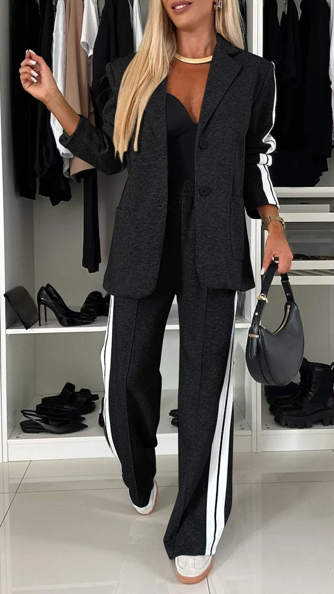 Side Stripe Blazer and Wide Leg Pants Two Piece Set 8