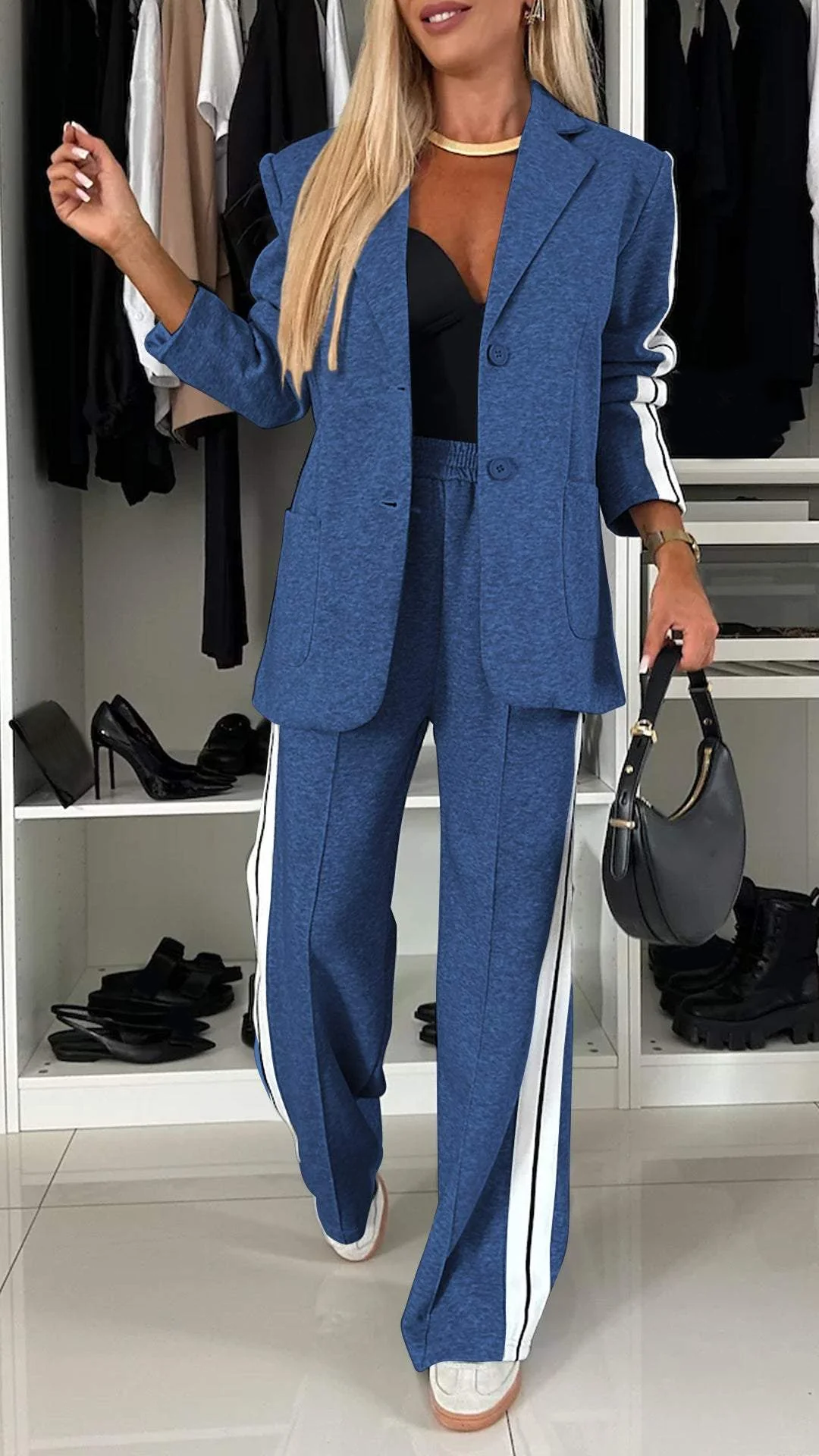 Side Stripe Blazer and Wide Leg Pants Two Piece Set 11