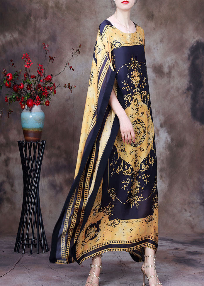 Baroque Medallion Print Round Neck Cape Sleeve Side Maxi Dress - View 2