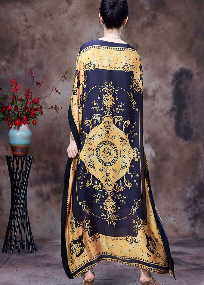 Baroque Medallion Print Round Neck Cape Sleeve Side Maxi Dress - View 4