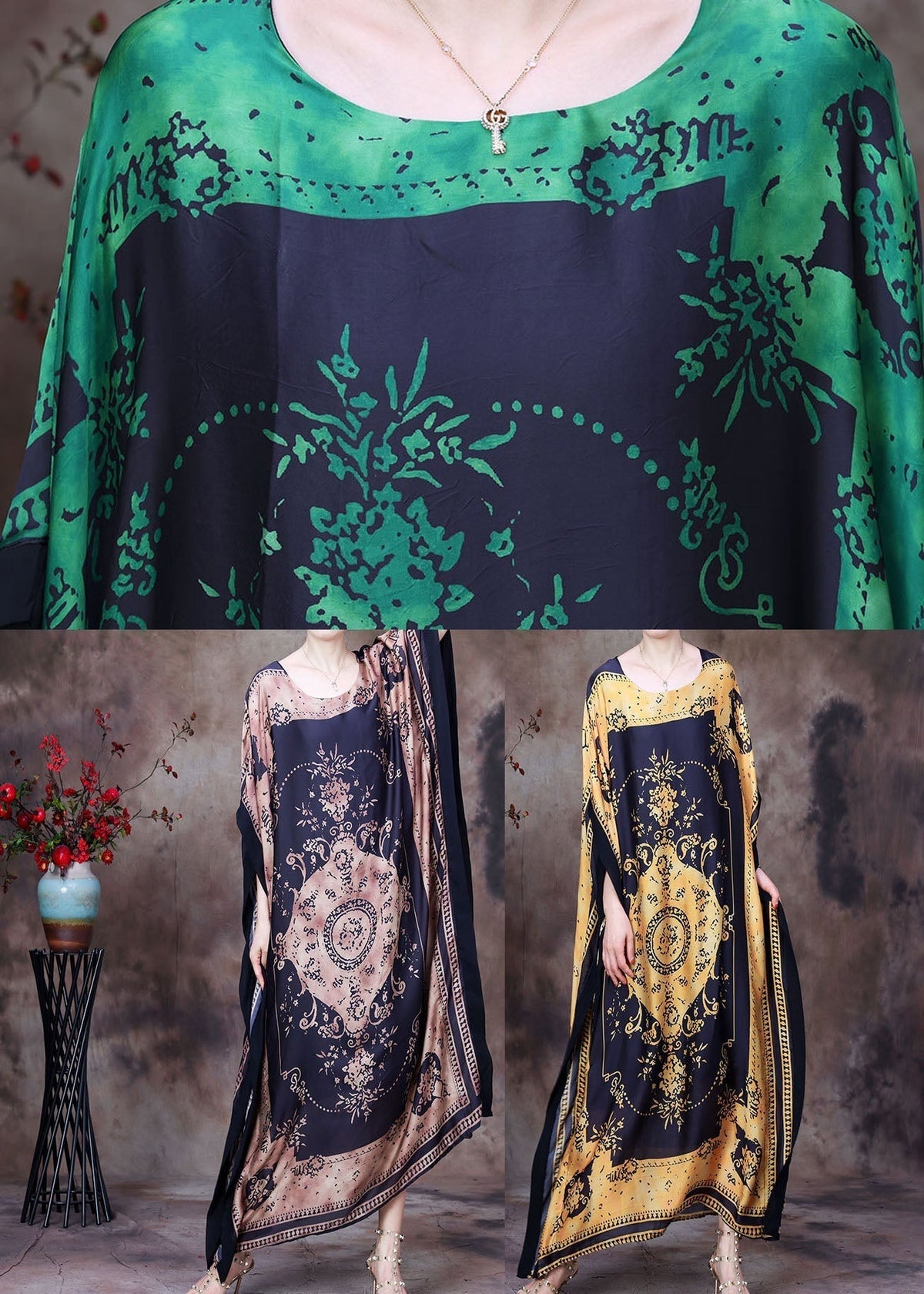 Baroque Medallion Print Round Neck Cape Sleeve Side Maxi Dress - View 5