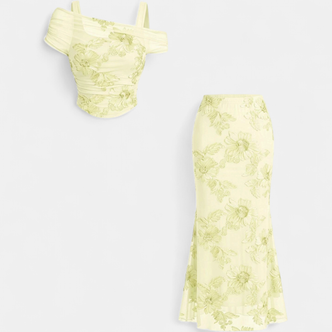 Embroidered Mesh Cold Shoulder Top and Mermaid Maxi Skirt Two Piece Set 4
