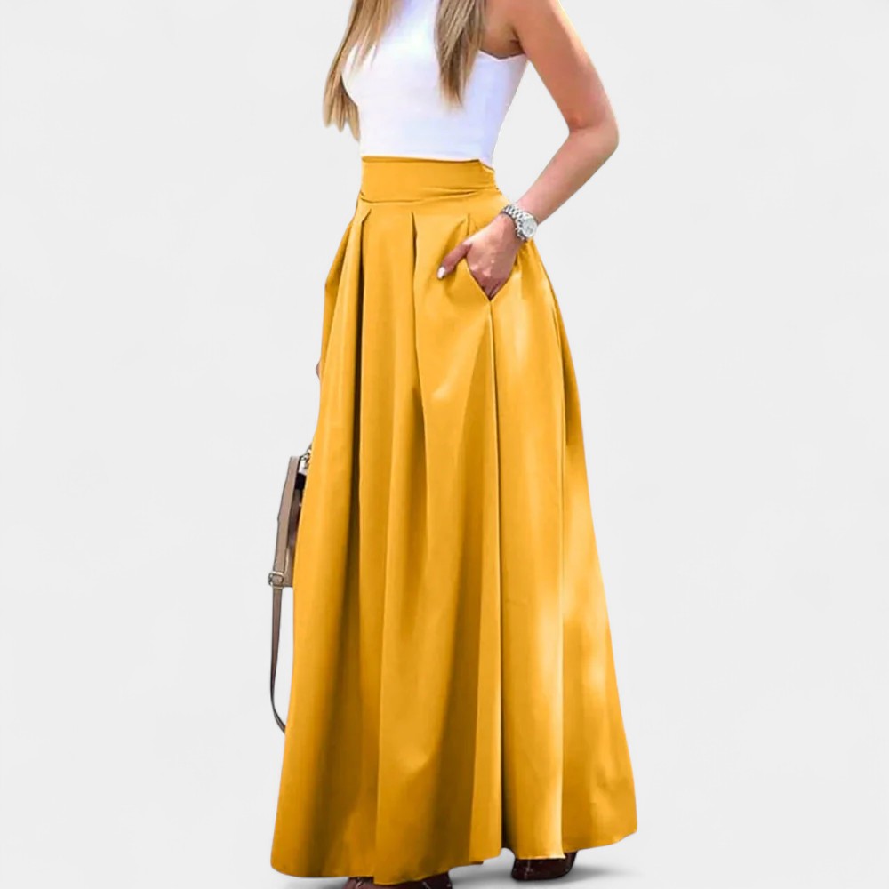 High Waist Pleated Pocket Flared Maxi Skirt 3