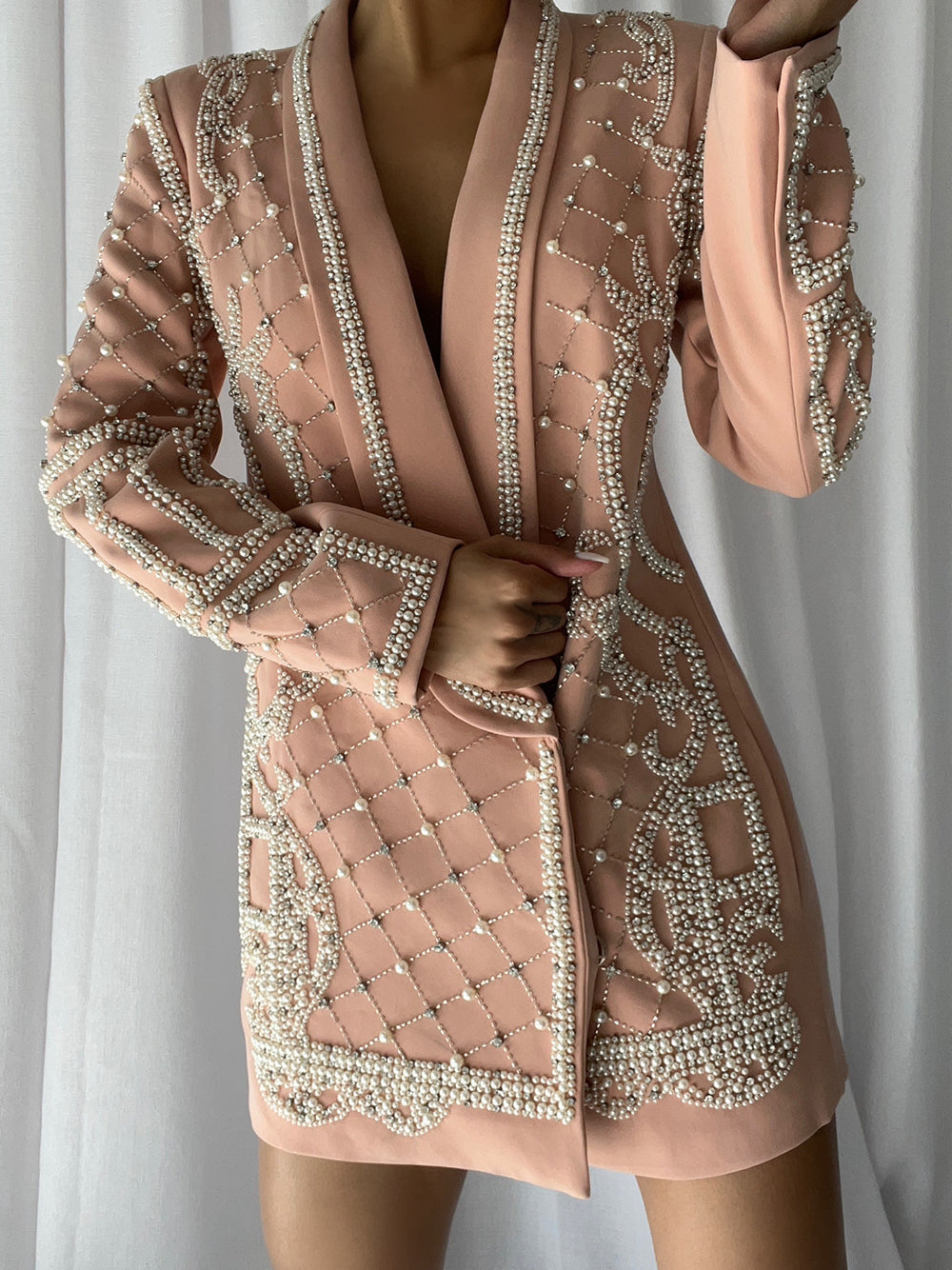 Pearl Rhinestone Beaded Deep V-Neck Long Sleeve Blazer Mini Dress - View 9