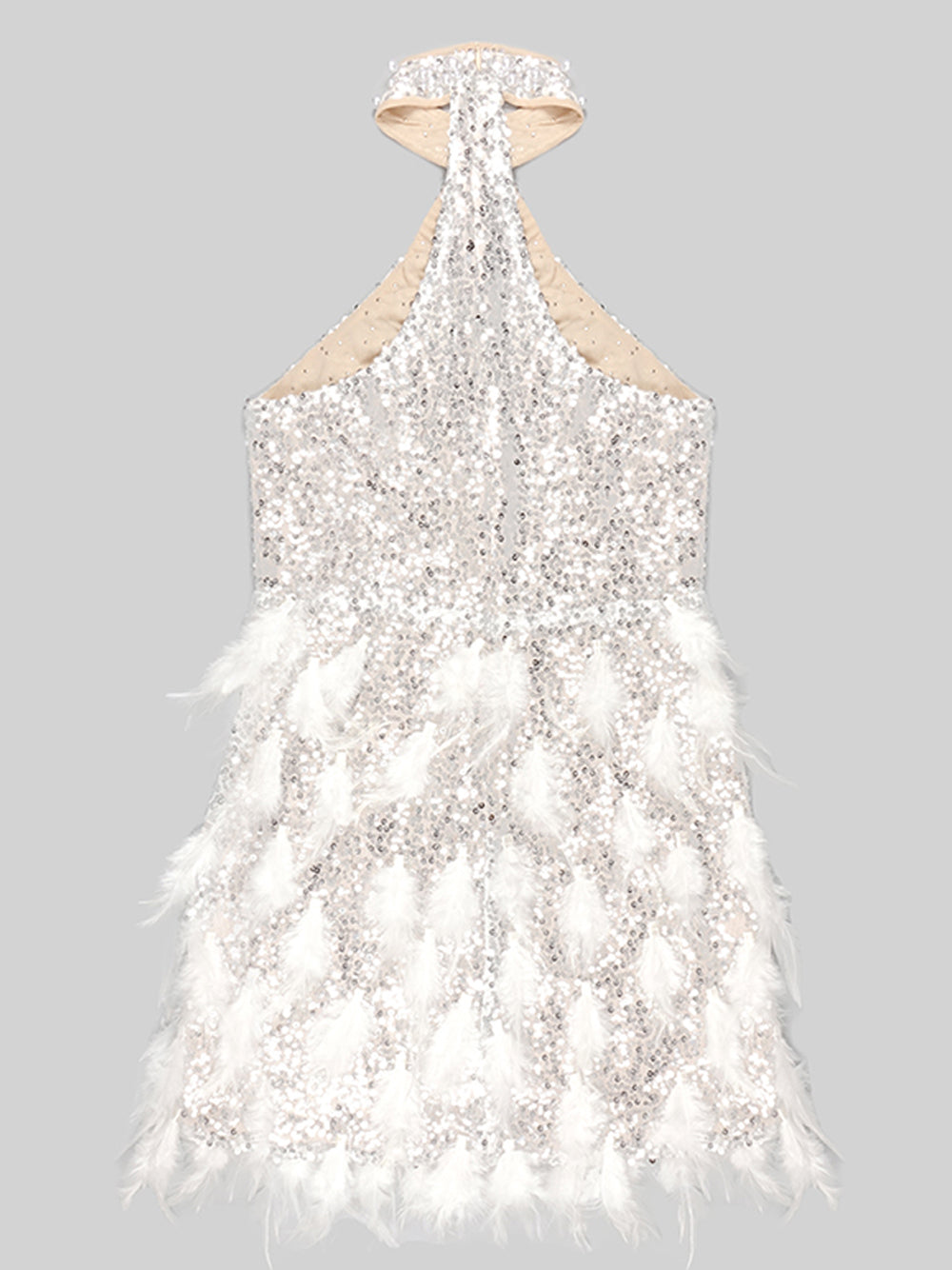 Sequin Halter Neck Plunge Feather Skirt Mini Dress - View 5