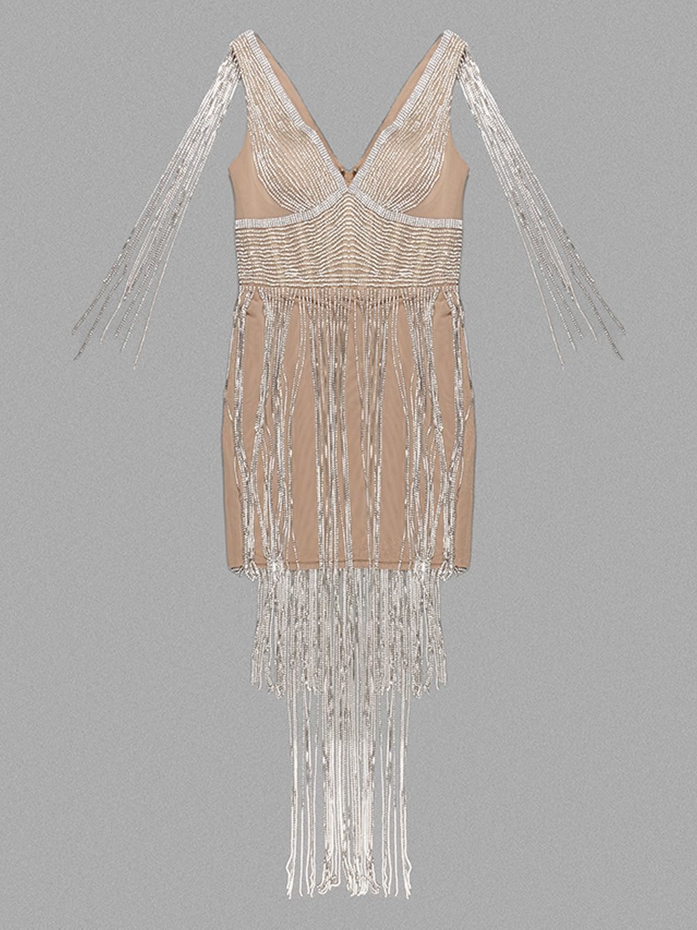 Rhinestone Deep V-Neck Sleeveless Long Fringe Bodycon Mini Dress - View 4