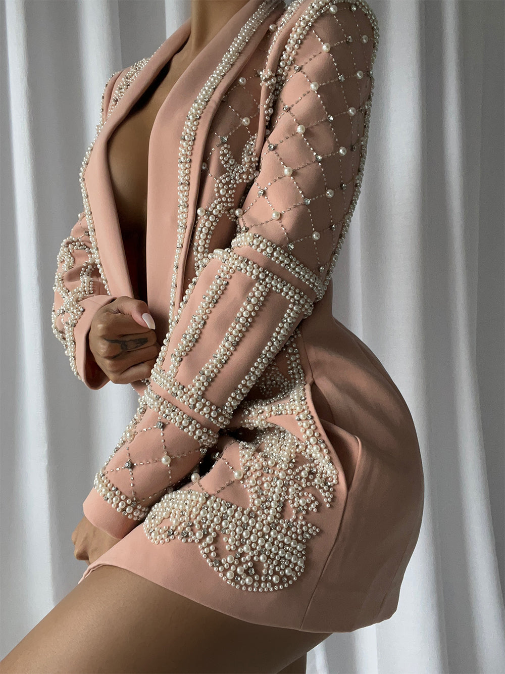 Pearl Rhinestone Beaded Deep V-Neck Long Sleeve Blazer Mini Dress - View 3