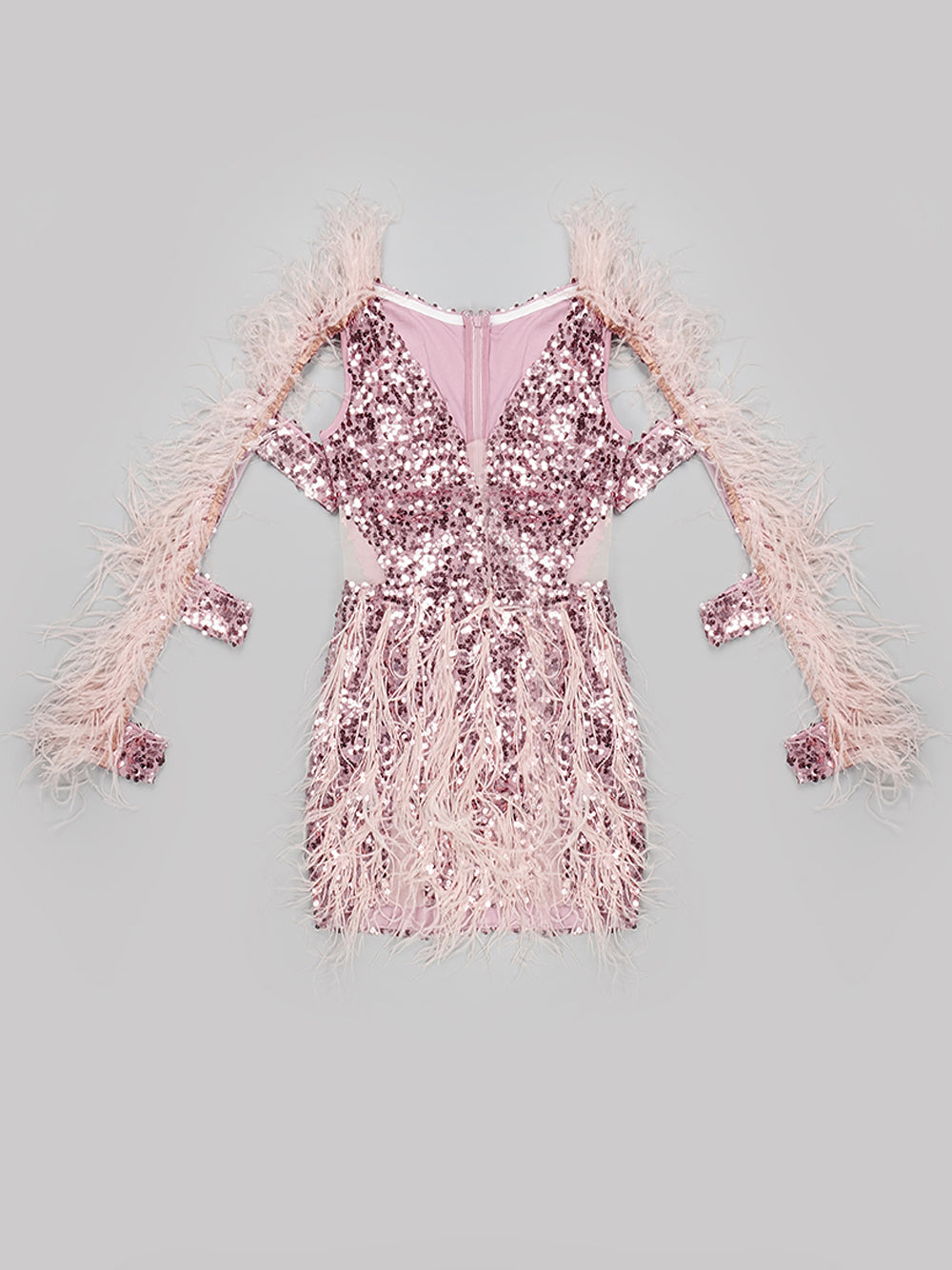 Sequin Deep V-Neck Feather Trim Long Sleeve Cut Out Mini Dress - View 7