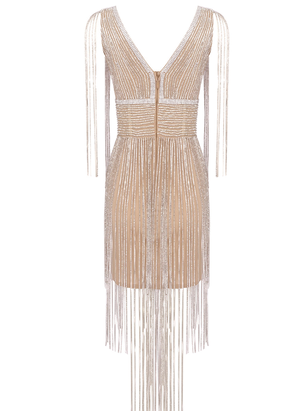 Rhinestone Deep V-Neck Sleeveless Long Fringe Bodycon Mini Dress - View 2