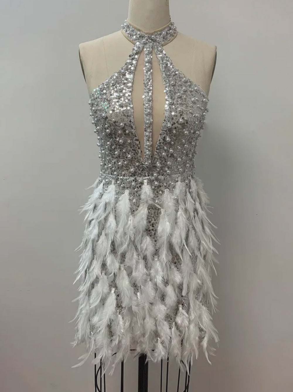 Sequin Halter Neck Plunge Feather Skirt Mini Dress - View 9