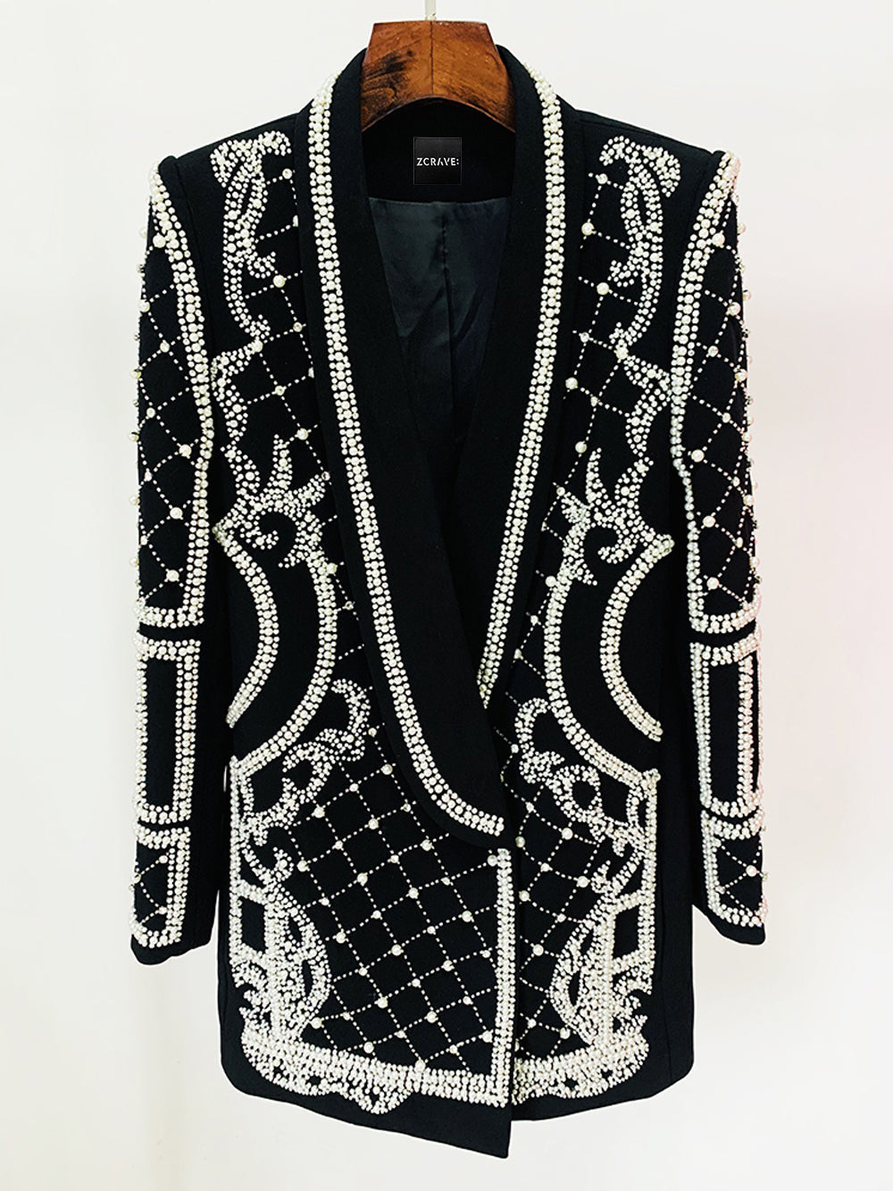 Pearl Beaded Rhinestone Grid Long Sleeve Deep V Blazer Mini Dress - View 6