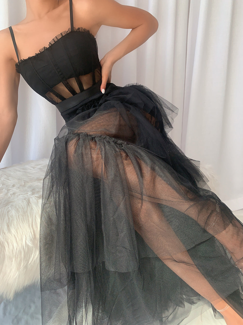 Mesh Corset Bodice Spaghetti Strap Tiered Tulle Maxi Gown - View 2