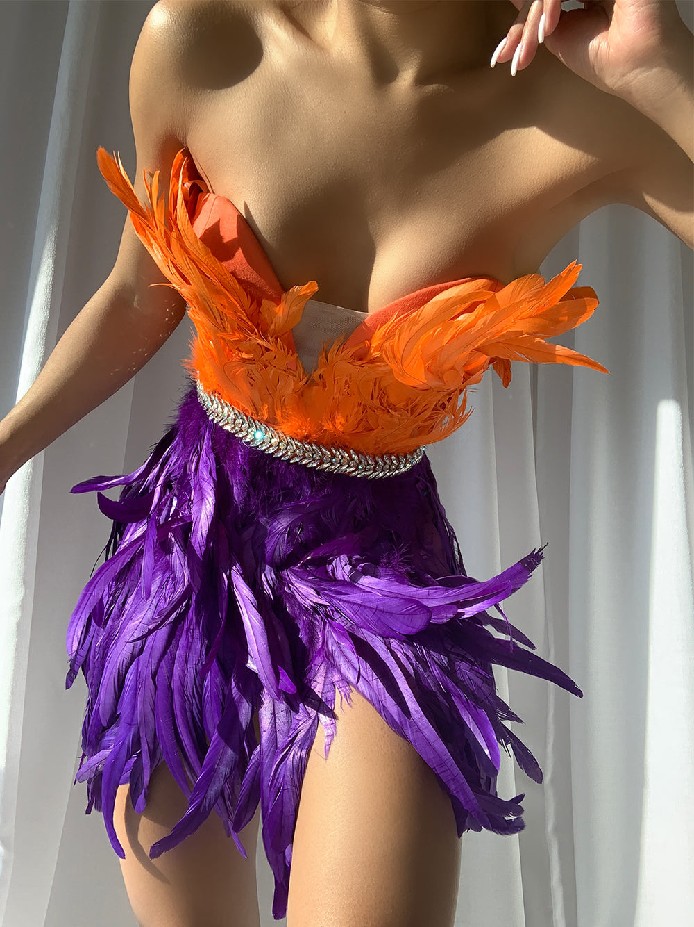 One Shoulder Feather Tiered Strapless Mini Dress