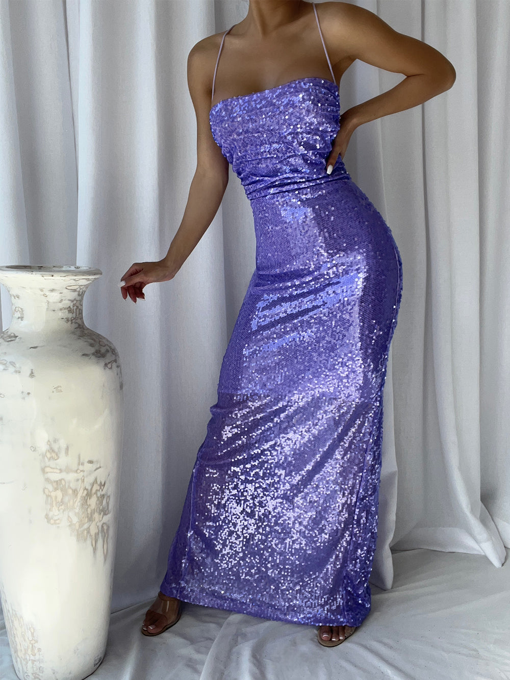 Sequin Spaghetti Strap Ruched Side Seam Bodycon Column Maxi Gown - View 3