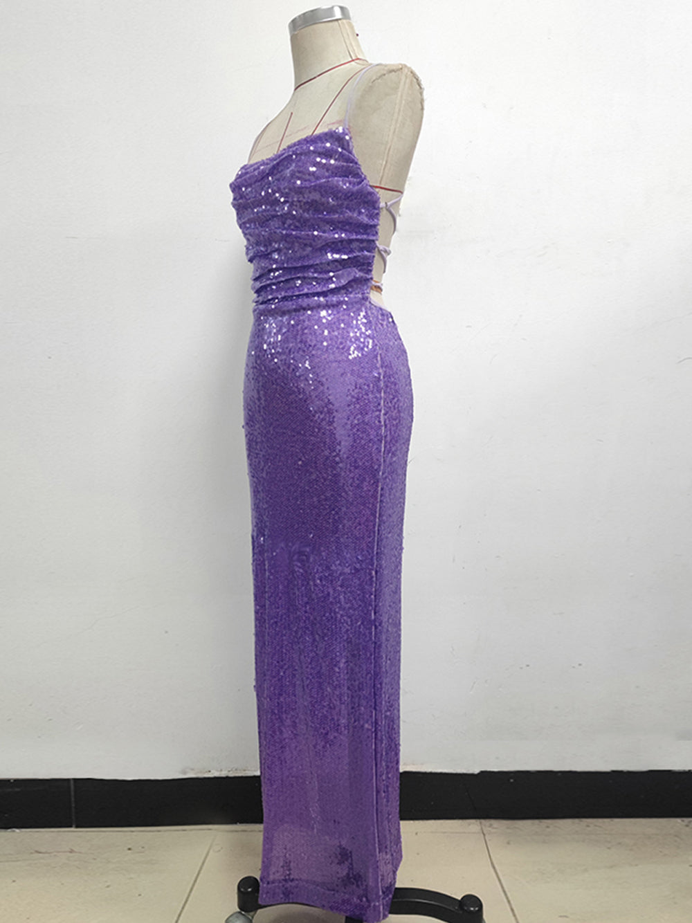 Sequin Spaghetti Strap Ruched Side Seam Bodycon Column Maxi Gown - View 7