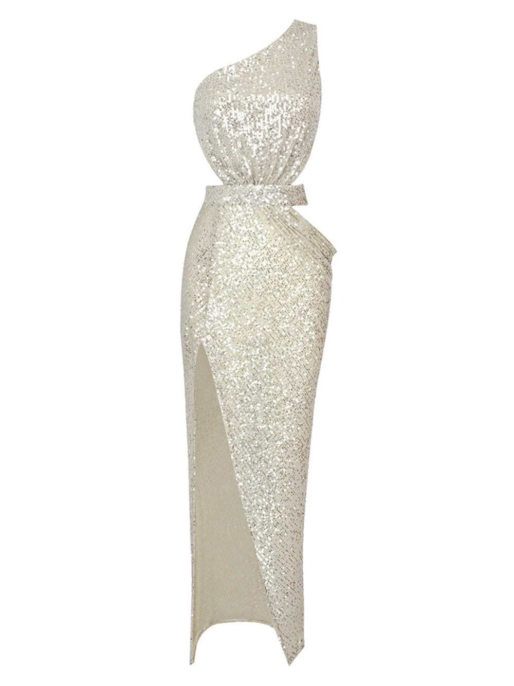 Sequin One Shoulder Cut Out Waist Ruched High Split Bodycon Maxi Gown