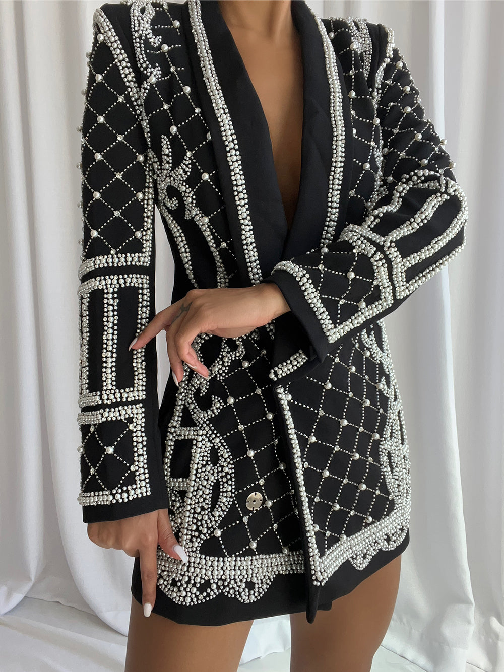 Pearl Beaded Rhinestone Grid Long Sleeve Deep V Blazer Mini Dress - View 3