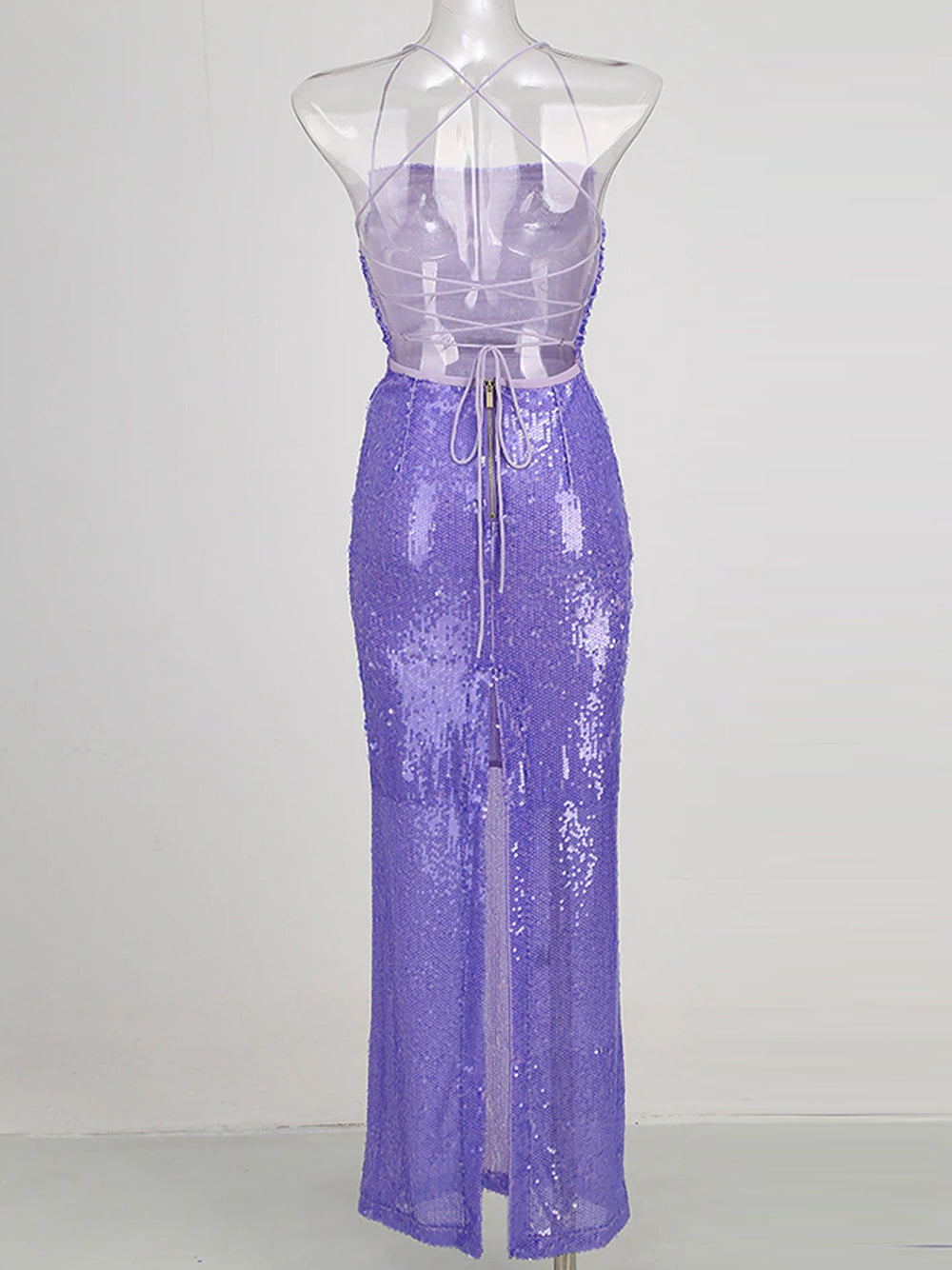 Sequin Spaghetti Strap Ruched Side Seam Bodycon Column Maxi Gown - View 9