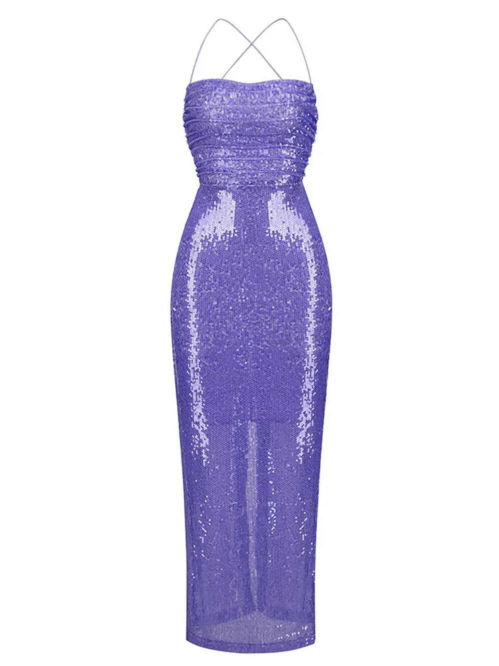 Sequin Spaghetti Strap Ruched Side Seam Bodycon Column Maxi Gown - View 4