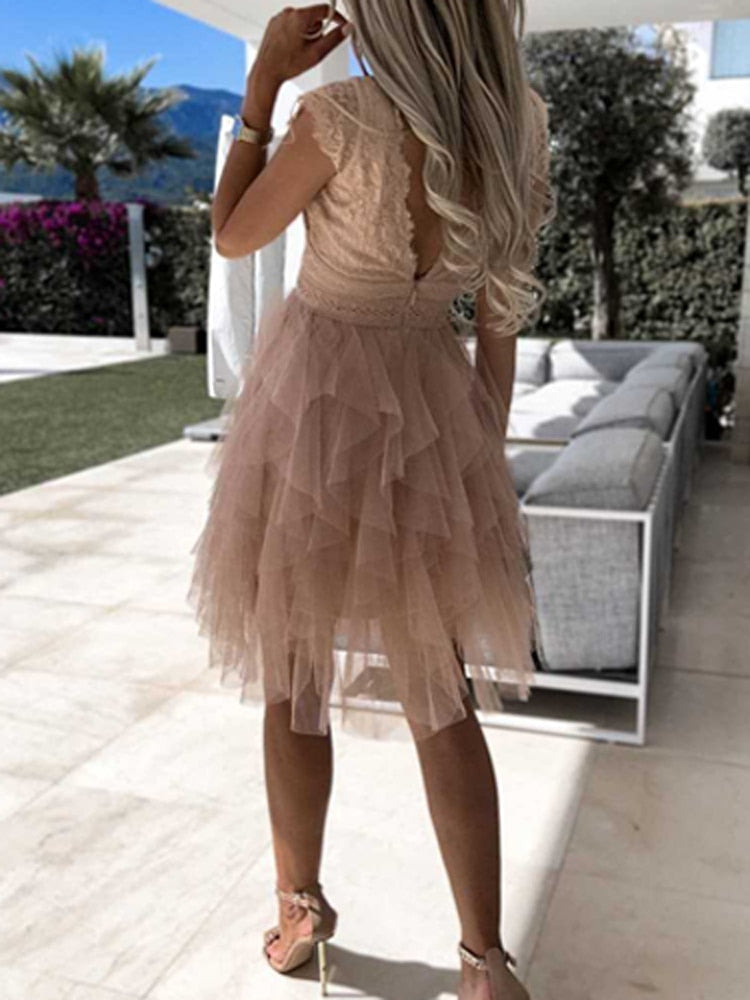 Lace V-Neck Cap Sleeve Bow Waist Tiered Tulle Ruffle Mini Dress - View 3