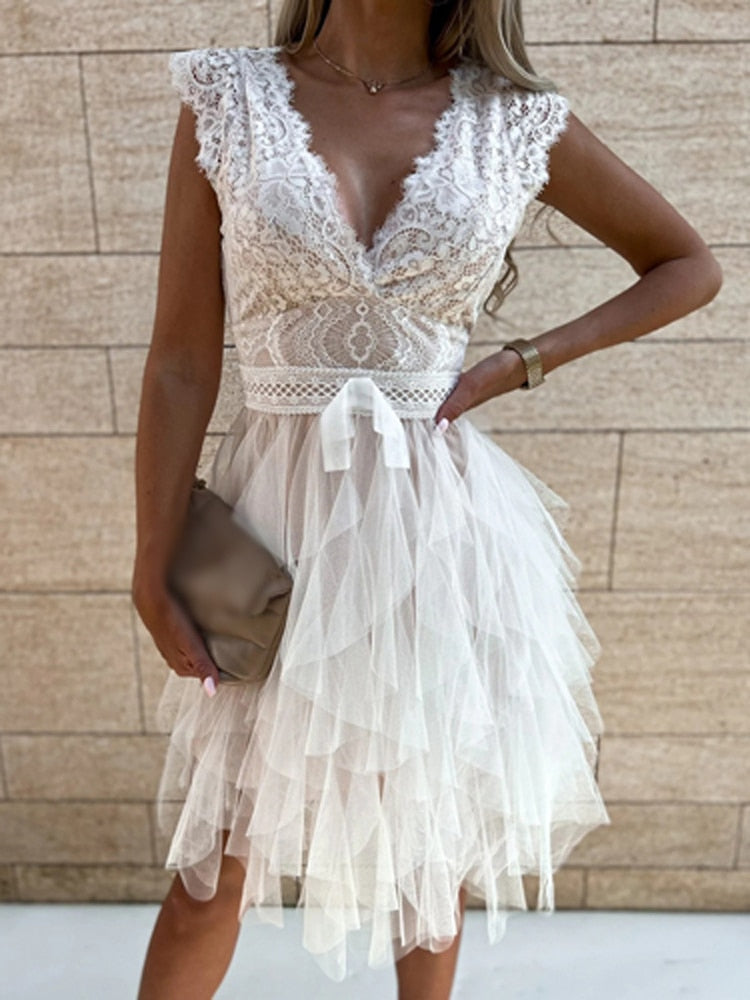 Lace V-Neck Cap Sleeve Bow Waist Tiered Tulle Ruffle Mini Dress - View 4