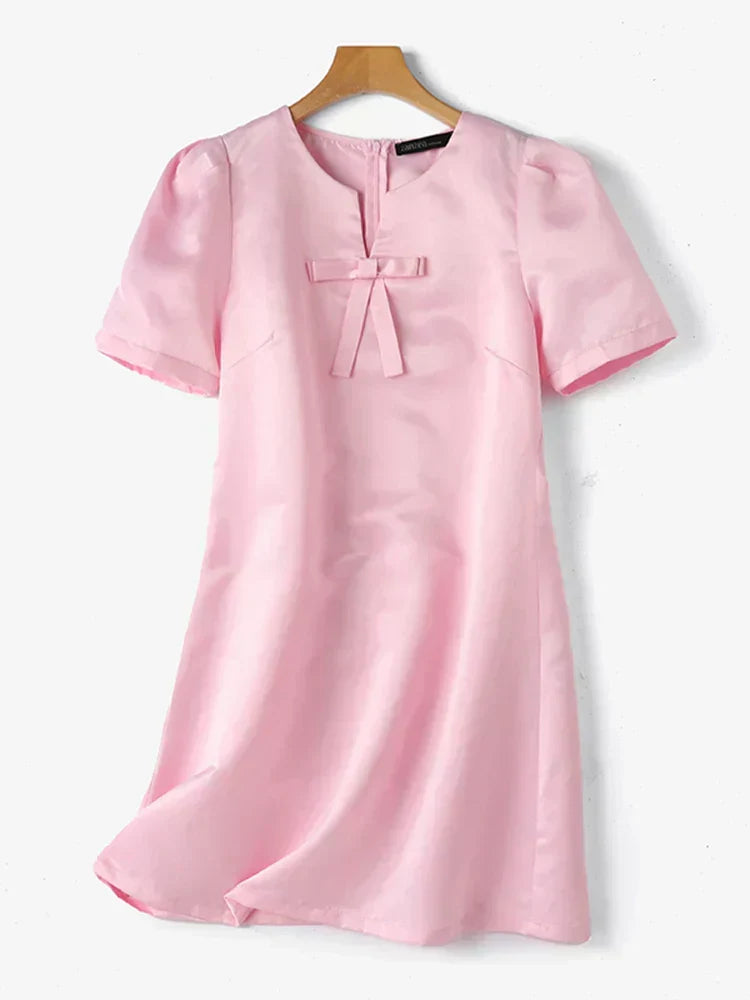 V-Neck Bow Detail Short Puff Sleeve Shift Mini Dress - View 6