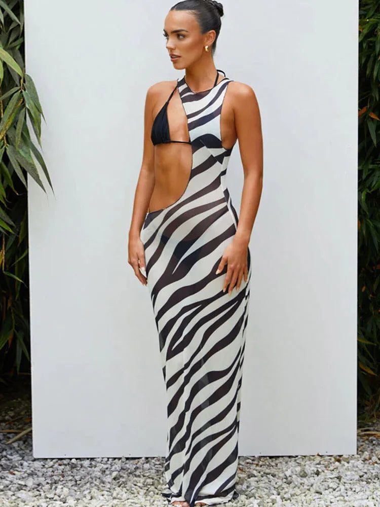 Striped Mesh Cut Out Midi Dress - View 4