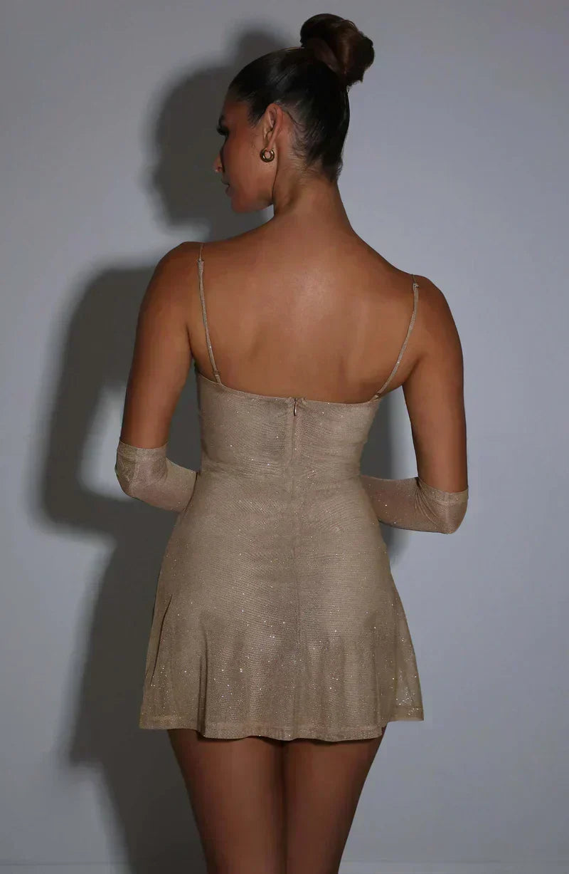 Sequin Spaghetti Strap Bustier Mesh Hem Mini Dress and Gloves Set - View 10