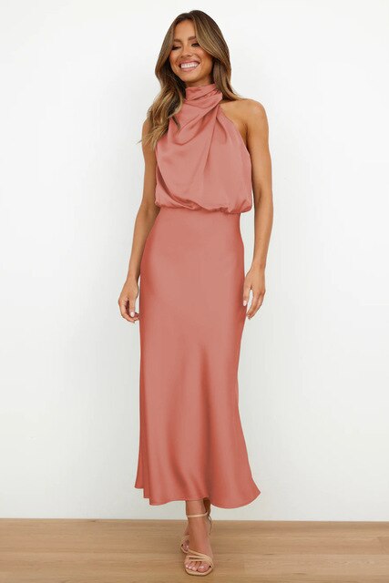 Satin High Neck Halter Blouson Bodice Bias Cut Midi Cocktail Dress - View 5