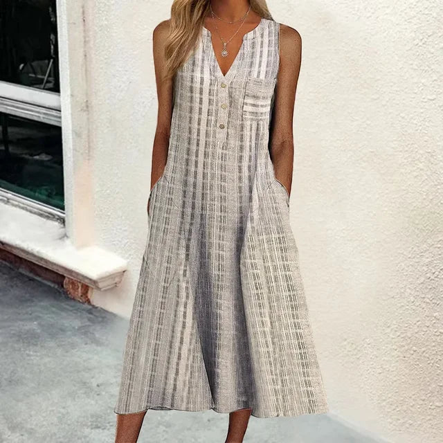 Vertical Stripe Print Sleeveless V-Neck A-Line Midi Dress - View 5