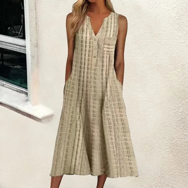 Vertical Stripe Print Sleeveless V-Neck A-Line Midi Dress - View 9