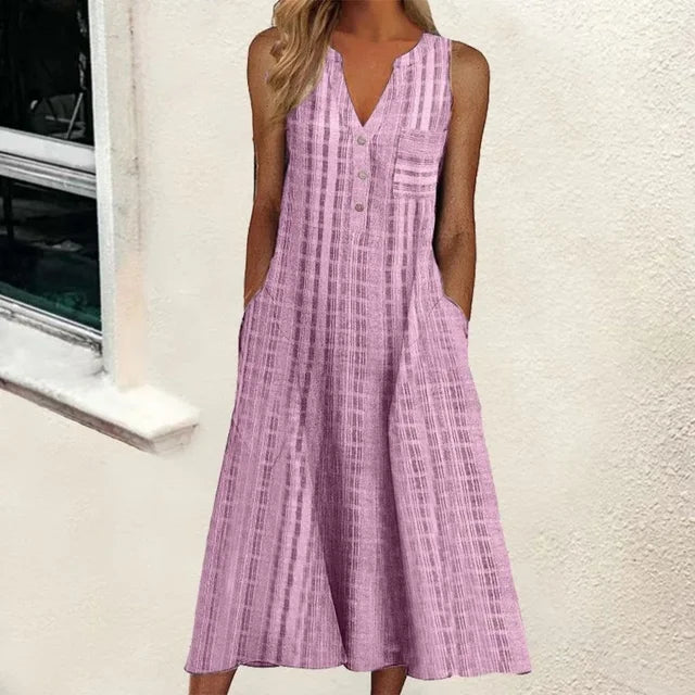 Vertical Stripe Print Sleeveless V-Neck A-Line Midi Dress - View 11