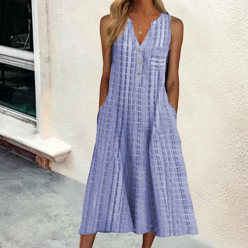 Vertical Stripe Print Sleeveless V-Neck A-Line Midi Dress - View 3