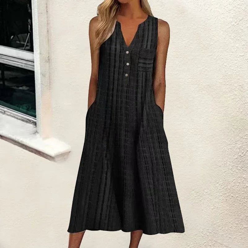 Vertical Stripe Print Sleeveless V-Neck A-Line Midi Dress - View 4