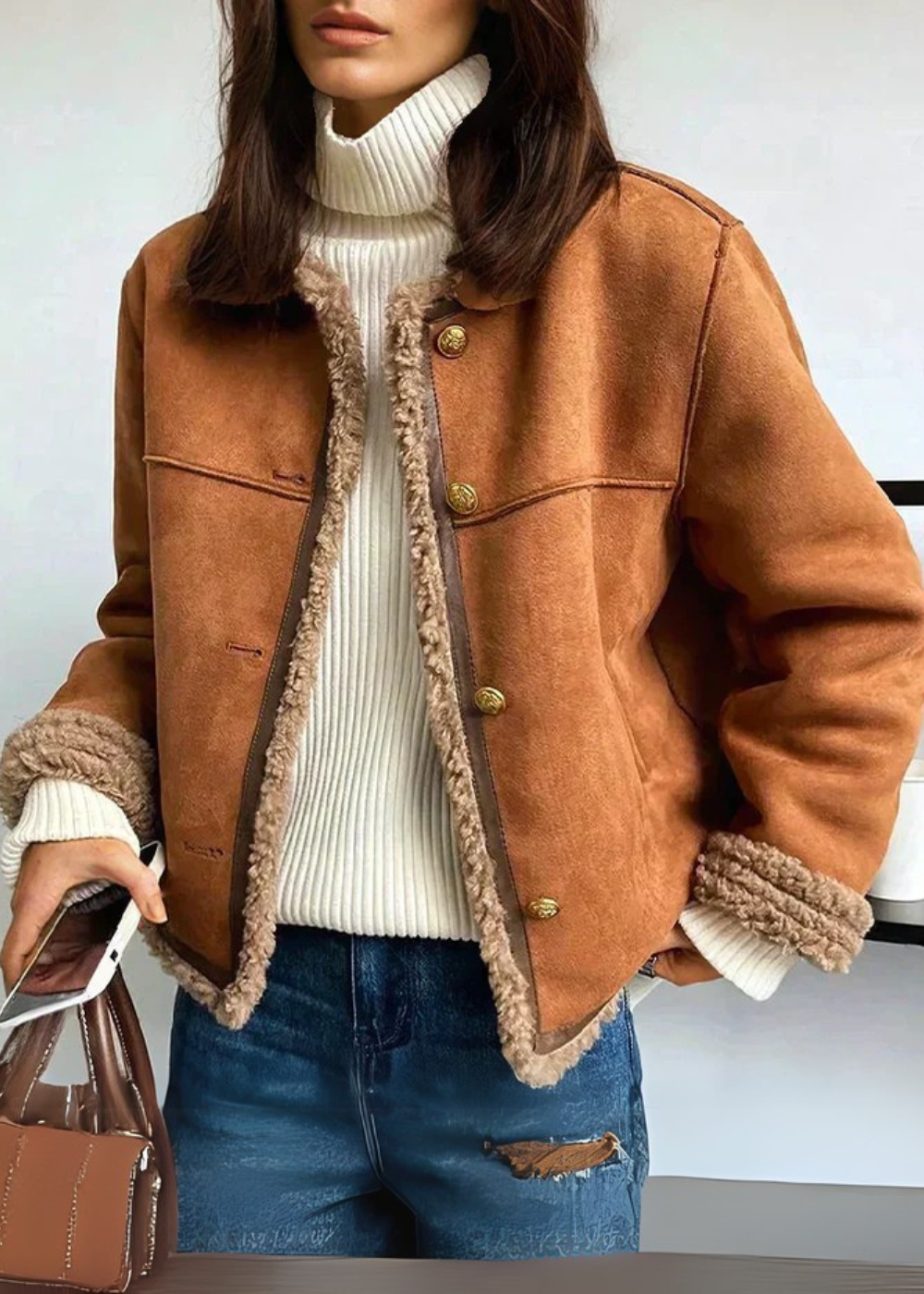 Faux Suede Shearling Lined Button Front Jacket 9