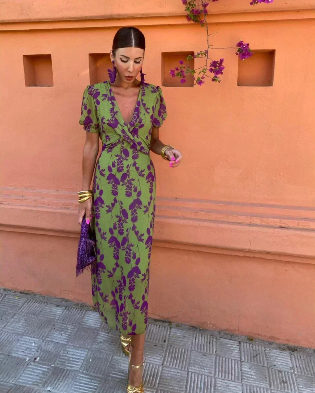 Floral Print Puff Sleeve Wrap Midi Dress 4