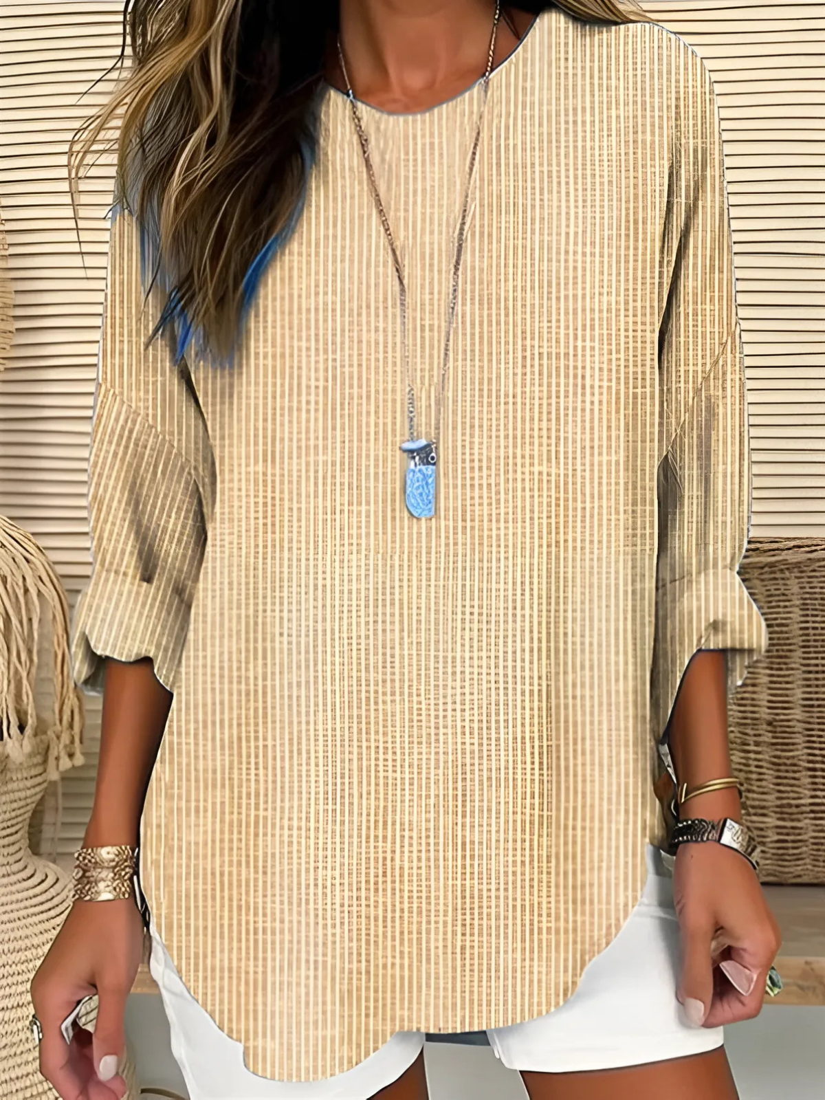 Round Neck Long Sleeve Striped Blouse 2