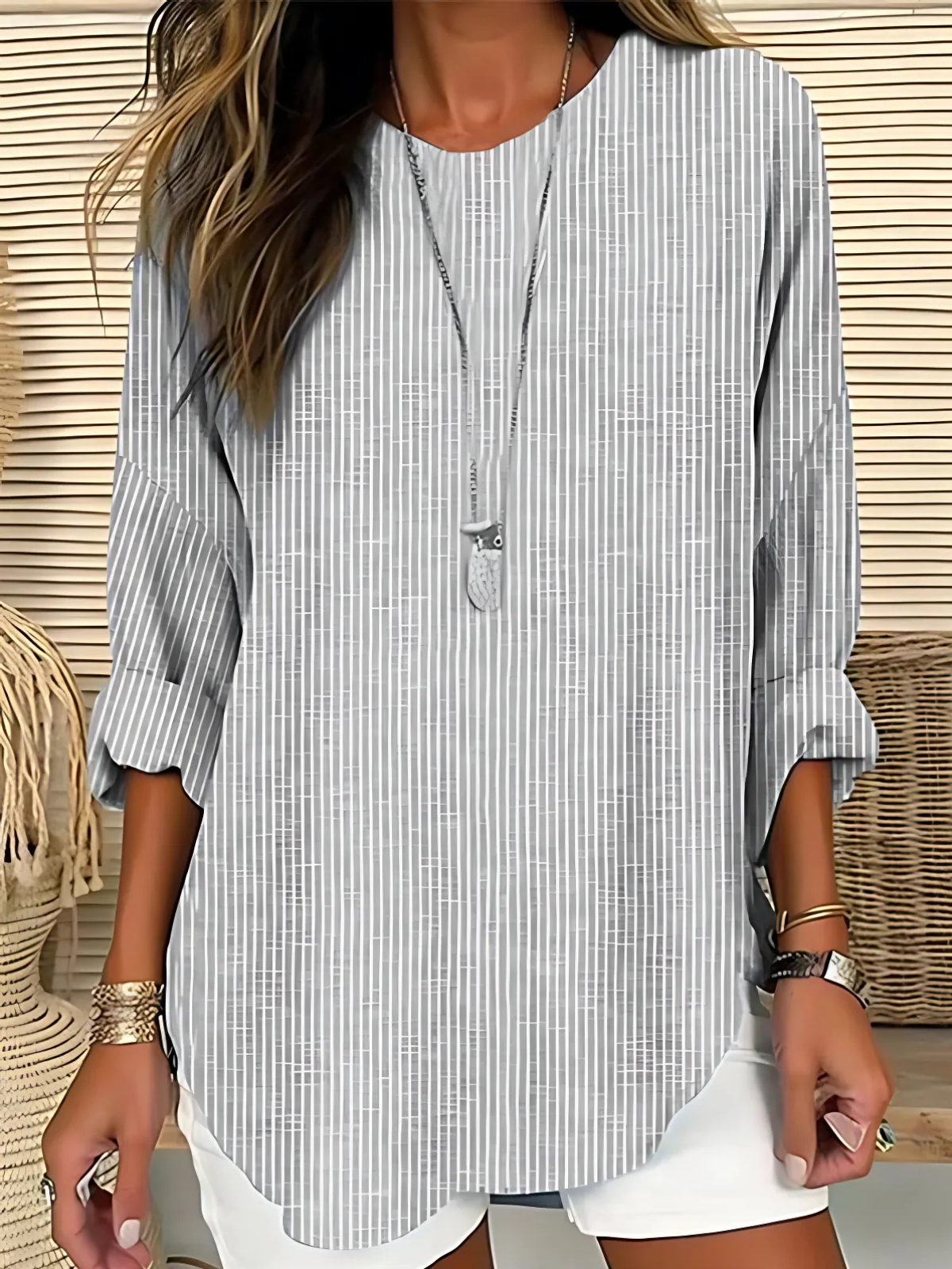 Round Neck Long Sleeve Striped Blouse 3