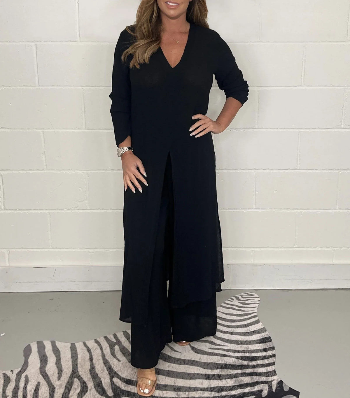V-Neck Long Split Tunic and Wide Leg Pants Two Piece Set 3