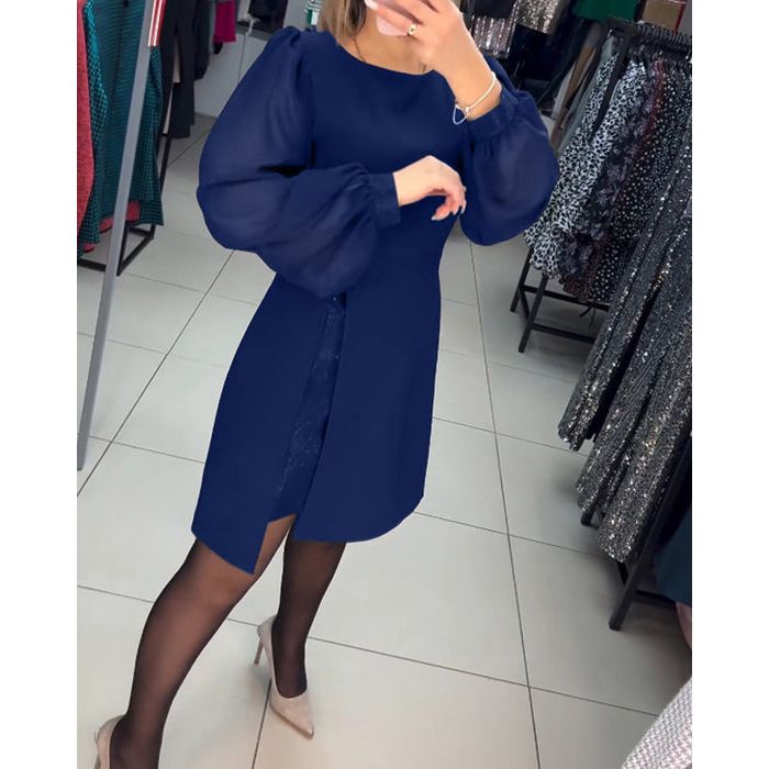 Sheer Lantern Sleeve Crew Neck Wrap Slit Mini Dress - View 7